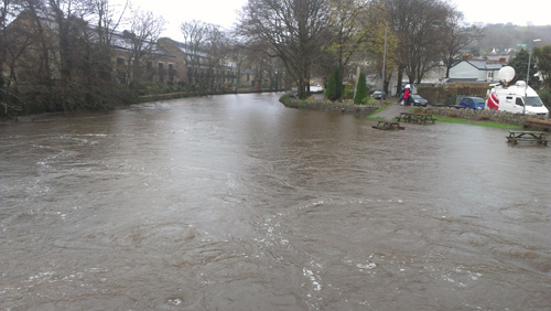 Picnic benches submerged at Lostwithiel