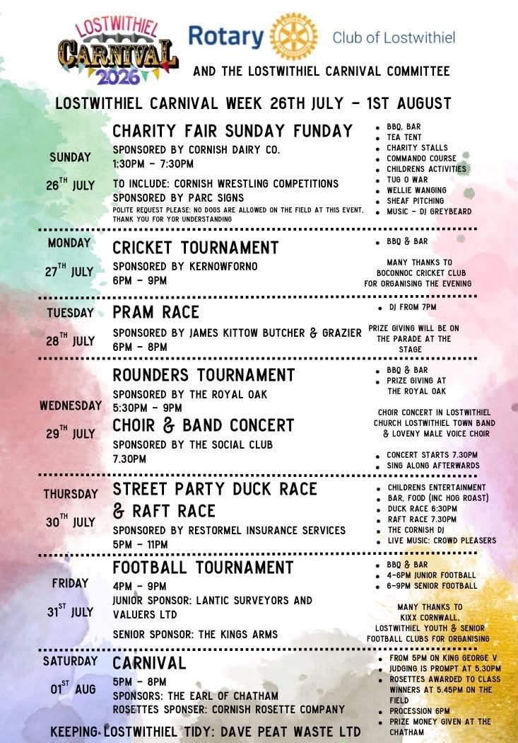 Lostwithiel Carnival Events 2026