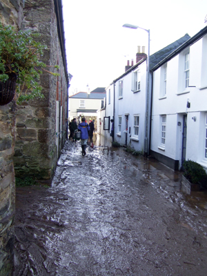 Flooded Church Lane in Lostwithiel